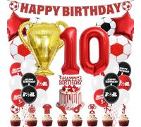 Football 10th Birthday Party Decorations - Soccer Cake Topper Balloons Happy Birthday Banner Party Supplies for Boys, Red Sports Theme Double Digits Decoration for 10-Year-Old Kids and Fans