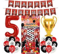 Football 5th Birthday Decorations Banner - 23 Pcs Pre-Strung Red Silver Birthday Banner Number Trophy Balloons Sports Backdrop Door Decor For Kids Boys 5 Year Old Football Themed Party Supplies