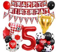 Football 5th Birthday Party Decorations - Red Soccer Theme for Boy Girl Happy Birthday Banner Bunting Decor, Number Trophy Football Shirt Foil Balloons Boys Girls Sports Party Supplies