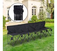 Football 6 Seater Folding Sports Bench Outdoor Picnic Camping Portable Spectator Chair Steel Frame w/ Cup Holder & Carry Bag - Black