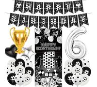 Football 6th Birthday Decorations Banner - 25 Pcs Pre-Strung Black Silver Birthday Banner Number Trophy Balloons Sports Backdrop Door Decor For Kids Boys 6 Year Old Football Themed Party Supplies