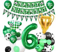 Football 6th Birthday Party Decorations - Green Soccer Theme for Boy Girl Happy Birthdy Banner Bunting Decor, Number Trophy Football Shirt Foil Balloons Kids Sports Party Supplies