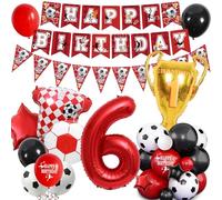 Football 6th Birthday Party Decorations - Red Soccer Theme for Boy Girl Happy Birthday Banner Bunting Decor, Number Trophy Football Shirt Foil Balloons Boys Girls Sports Party Supplies