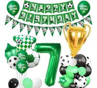 Football 7th Birthday Party Decorations - Green Soccer Theme for Boy Girl Happy Birthday Banner Bunting Decor, Number Trophy Football Shirt Foil Balloons Kids Sports Party Supplies