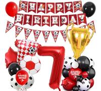 Football 7th Birthday Party Decorations - Red Soccer Theme for Boy Girl Happy Birthdy Banner Bunting Decor, Number Trophy Football Shirt Foil Balloons Boys Girls Sports Party Supplies