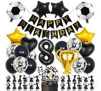 Football 8th Birthday Decoration Black Gold, Black Numbers 8 Balloons Birthday, Foil Balloon Football, Confetti Balloons, Number 8 Candle, with Cake Decoration, for 8 Years Children's Anniversary