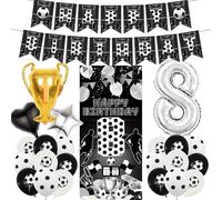 Football 8th Birthday Decorations Banner - 25 Pcs Pre-Strung Black Silver Birthday Banner Number Trophy Balloons Sports Backdrop Door Decor For Kids Boys 8 Year Old Football Themed Party Supplies
