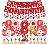 Football 8th Birthday Decorations Boy - 37 Pcs Red Party Decoration Including Happy Birthday Banner, Soccer Trophy Balloons, Number 8 Balloon and Cupcake Toppers for Boys Football Party Supplies