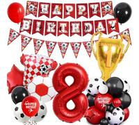 Football 8th Birthday Party Decorations - Red Soccer Theme for Boy Girl Happy Birthday Banner Bunting Decor, Number Trophy Football Shirt Foil Balloons Boys Girls Sports Party Supplies