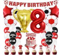 Football 8th Birthday Party Decorations - Soccer Cake Topper Balloons Happy Birthday Banner Party Supplies for Boys, Red Sports Theme Decoration for 8-Year-Old Kids and Fans