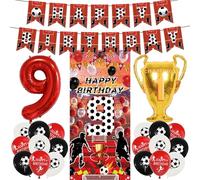 Football 9th Birthday Decorations Banner - 23 Pcs Pre-Strung Red Silver Birthday Banner Number Trophy Balloons Sports Backdrop Door Decor For Kids Boys 9 Year Old Football Themed Party Supplies