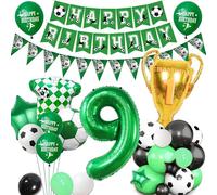 Football 9th Birthday Party Decorations - Green Soccer Theme for Boy Girl Happy Birthday Banner Bunting Decor, Number Trophy Football Shirt Foil Balloons Kids Sports Party Supplies