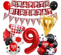 Football 9th Birthday Party Decorations - Red Soccer Theme for Boy Girl Happy Birthday Banner Bunting Decor, Number Trophy Football Shirt Foil Balloons Boys Girls Sports Party Supplies