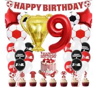 Football 9th Birthday Party Decorations - Soccer Cake Topper Balloons Happy Birthday Banner Party Supplies for Boys, Red Sports Theme Decoration for 9-Year-Old Kids and Fans