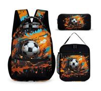 Football Backpack 3 Piece Set for Children Age 11, Soccer Ball School Backpack with Lunch Box Pencil Case Year 1 for Primary Students School Season Study Supplies and Weekend Trips