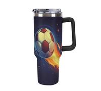 Football Ball Flying Flames Large Capacity Car Cup 40 Oz Stainless Steel Insulated Travel Cup with Handle Straw