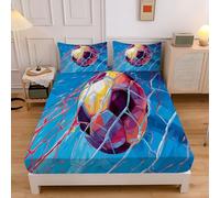Football Basics Fitted Sheet Super King Bed with 2 Pillowcases, Watercolor Style Bed Sheets Bedroom Decor, 30 Cm Deep Pocket, Blue Sheet Set for Adults Teens, 180x200x30cm