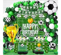 Football Birthday Decorations Green Black Balloon Arch Kit with Fabric Pitch Backdrop Foil Trophy and Bunting Banners for Teens Adult Party Guests