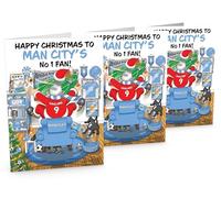 Football Christmas Card for Man City Fans - Pack of 3 Cards - Santa Jumping Out of Chair to Support Team - Funny Rear of Card Showing Rudolph Supporting Rival Club - Large A5 - Made in UK