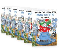 Football Christmas Card for Man City Fans - Pack of 6 Cards - Santa Jumping Out of Chair to Support Team - Funny Rear of Card Showing Rudolph Supporting Rival Club - Large A5 - Made in UK