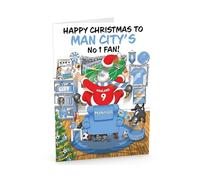 Football Christmas Card for Man City Fans - Santa Jumping Out of Chair to Support Team - Funny Rear of Card Showing Rudolph Supporting Rival Club - Large A5 - Made in UK
