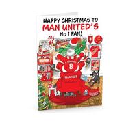 Football Christmas Card for Man Utd Fans - Santa Jumping Out of Chair to Support Team - Funny Rear of Card Showing Rudolph Supporting Rival Club - Large A5 - Made in UK