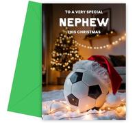 Football Christmas Card for Nephew - Football with Santa Hat - Soccer Nephew Xmas Card for Merry Christmas - 7x5 - Blank Inside