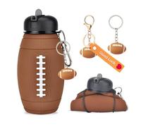 Football Collapsible Water Bottle & Keychain Set- 550ml Silicone Bottle with 2pcs Sports Ball Shape Keyring - Foldable Drink Sports Water Bottle World Cup Soccer Gift for Boys & Girls (Rugby Ball)