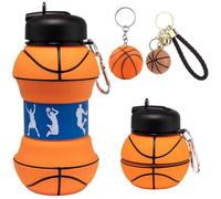 Football Collapsible Water Bottle & Keychain Set- 550ml Silicone Bottle with 2pcs Sports Ball Shape Keyring - Foldable Drink Sports Water Bottle World Cup Soccer Gift for Boys & Girls (Basketball B1)