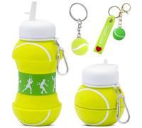 Football Collapsible Water Bottle & Keychain Set- 550ml Silicone Bottle with 2pcs Sports Ball Shape Keyring - Foldable Drink Sports Water Bottle World Cup Soccer Gift for Boys & Girls (Tennis)