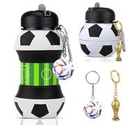 Football Collapsible Water Bottle & Keychain Set- 550ml Silicone Bottle With World Cup Trophy & Soccer Shape Keyring - Foldable Drink Sports Water Bottle Gift for Boys & Girls