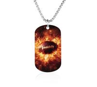 Football Exploding Fireball Memorial Necklace Medallion Pendant with Long Chain Stainless Steel Rectangle Dog Tag for Men Women