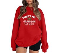 Football Fall Sweatshirts for Women That's My Grandson Out There Football Gameday Graphic Football Mom Clothes Solid Color Long Sleeve Fleece Lined Game Day Sport Comfort Tops Trendy Red