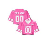 Football Jersey Crop Tops for Women, Personalized Custom Girls Plain Colored Streetwear, Crop Tops, Number Name Mesh Streetwear Sportswear, V-Neck Short Sleeve Tees S~4XL Pink