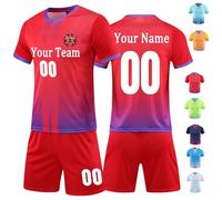 Football Kit Kids Adults Personalised with Name Number Team Logo Customised Football Kit Red