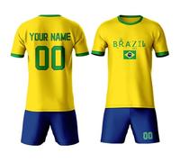 Football Kits Brasil Retro Yellow Blue - Jerseys Shirt and Shorts for Men Adults Boys - Brazil Country Flag Tracksuits - Custom Team Name Number Logo Soccer Sportwear for Fans Gift