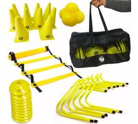 Football Master Foot ball Fitness Speed Training Hurdle Equipment Exercise Aid Set 6 X Speed Hurdles 1 x 6 metre Agility ladder with 12 Rungs 10 X Traffic Cones,10 marker cones Reaction Ball Carry bag