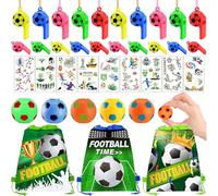 Football Party Bags 98Pcs Football Party Supplies with luminous Tattoos Gyroscope Tote Bag Football Whistles Party Favours Kids for Games Prizes Football Party Bags Fillers for Kids
