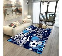 Football Rug for Boys Bedroom, Kids Sports Theme Green Football Pitch Soccer Print, Non-slip Washable Gamer Gaming Flannel Floor Mat Classroom Playroom Accessories Room Decor (Blue,120x160cm)