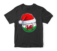 Football Santa Hat Wales Flag Kids T Shirt, Wales School Ugly Christmas T Shirt Day Gifts for Boys and Girls, Welsh Football Supporters Tee 2022, 9-11 Years, Black