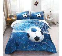 Football Scoring a Goal theme Duvet Cover Set Double Size for Children Boy Girl Adult, 3 PIECE Blue and White Printed Bedding Set, Soft Microfiber, Easy Care, Includes 2 Pillowcases 79" x 79"