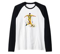 Football Soccer Dribbling in The RAIN Yellow Blue Raglan Baseball Tee
