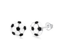 Football Stud Earrings for Women Men, 925 Sterling Silver Post - Minimalist Black White Enamel Soccer Sports Jewellery for Fans & Lover, Hypoallergenic Tiny Sleeper (White)