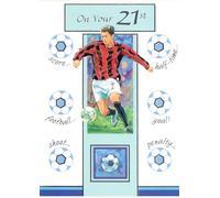 Football Theme 21st Birthday Card for Men, Blue and Red Design with Football Player, Special Thoughts Message, 13 x 19 cm