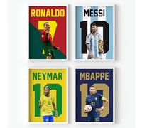 Football Wall Art Poster Prints For Boys Bedroom Set of 4 - Ronaldo, Messi, Mbappé and Neymar - [Frames Included] (Superstars, A4 with White Frames)