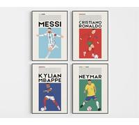 Football Wall Art Poster Prints For Boys Bedroom Set of 4 - Ronaldo, Messi, Mbappé and Neymar - (Frames Not Included) (A4)