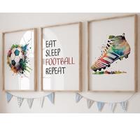 Football Wall Art Set - 3 Unframed Prints, Boots & Ball with Quote, Multi Watercolour Splash, Boys & Girls Bedroom Decor, Soccer Theme, Eat Sleep Football Repeat (A3)