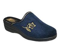 footloose.shoes Ladies Womens Fleece Helen Comfort Warm Velour Embroidered House Slip On Wedge Mules Slippers Shoe Sizes 3-8 (Navy Helen, UK Footwear Size System, Adult, Women, Numeric, Narrow, 8)