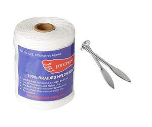 Footprint Bricklayers Line - 100m Roll - Finely Braided Nylon - Made in Britain - White & Pair of Line Pins
