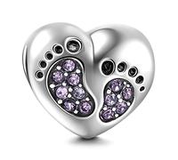 Footprint Charm 925 Sterling Silver Heart Baby Foot Charm Birthday Charm Birthstone Charm Heart Charm Anniversary Charm for Pandora Charm Bracelet (Purple)
